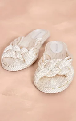 White Rope Round Toe Woven Cross Strap Detail Flat Sandals