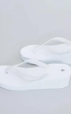 White Round Toe Simple Platform Flip Flops