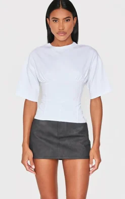 White Ruched Bust Detail Fitted T Shirt