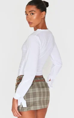 White Ruched Front Tie Detail Shirt