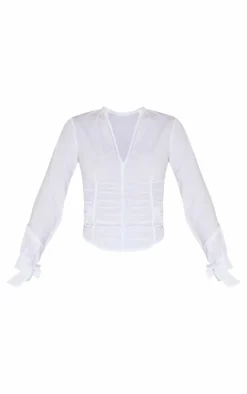 White Ruched Front Tie Detail Shirt