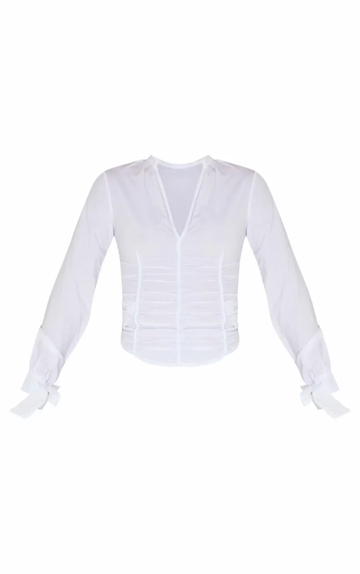 White Ruched Front Tie Detail Shirt