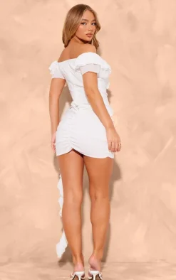 White Ruffle Drape Detail Bodycon Dress