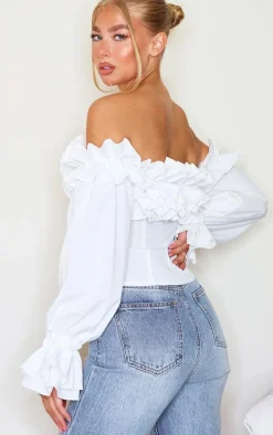 White Ruffle Hem Off Shoulder Long Sleeve Top