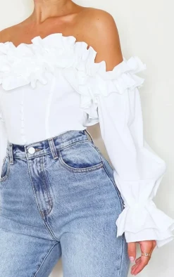 White Ruffle Hem Off Shoulder Long Sleeve Top