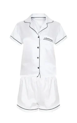 White Satin Contrast Piping Short Pj Set