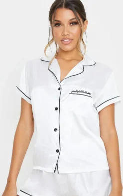 White Satin Contrast Piping Short Pj Set