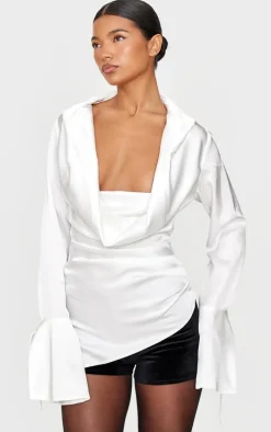 White Satin Cowl Neck Asymmetric Shirt
