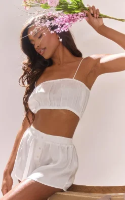 White Satin Ruched Bralet And Short PJ Set