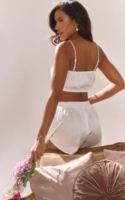 White Satin Ruched Bralet And Short PJ Set