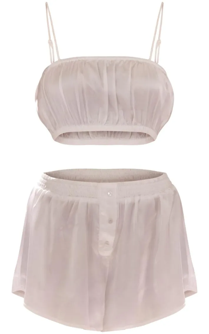 White Satin Ruched Bralet And Short PJ Set