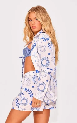 White Sea Print Oversized Long Sleeve Beach Shirt