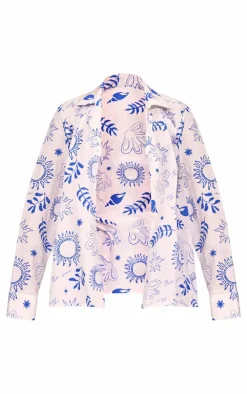 White Sea Print Oversized Long Sleeve Beach Shirt