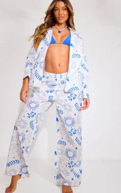 White Sea Print Wide Leg Beach Pants