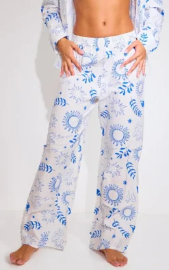 White Sea Print Wide Leg Beach Pants