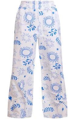 White Sea Print Wide Leg Beach Pants