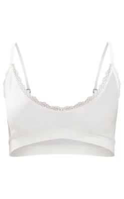 White Seamless Rib Lace Trim Triangle Bra