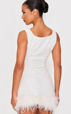 White Sequin Scoop Neck Feather Hem Shift Dress