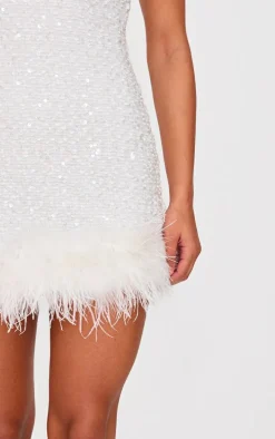 White Sequin Scoop Neck Feather Hem Shift Dress