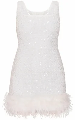 White Sequin Scoop Neck Feather Hem Shift Dress