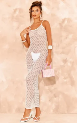 White Sheer Glitter Knit Strappy Maxi Dress