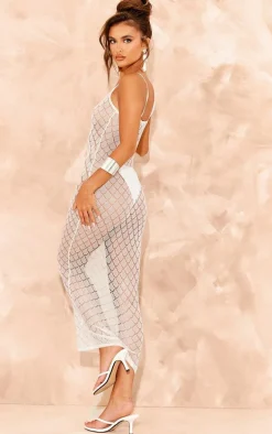 White Sheer Glitter Knit Strappy Maxi Dress