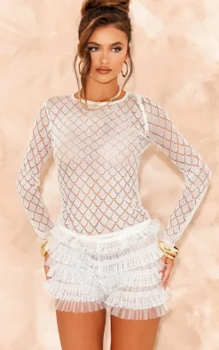 White Sheer Glitter Knit Long Sleeve Top