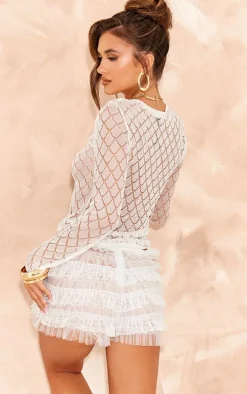 White Sheer Glitter Knit Long Sleeve Top