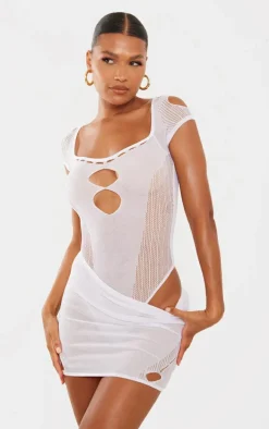 White Sheer Knit Cut Out Panelled Bodysuit
