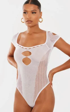 White Sheer Knit Cut Out Panelled Bodysuit