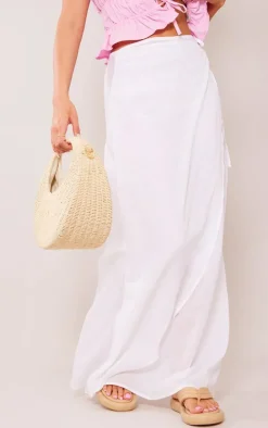 White Sheer Linen Look Wrap Over Maxi Skirt