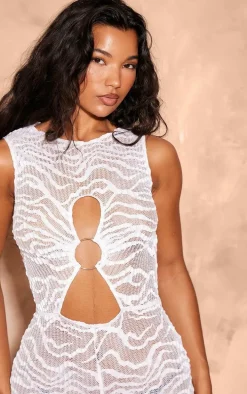 White Sheer Textured Jersey Ring Detail Cut Out Romper