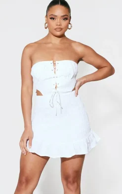 White Shirred Bandeau Lace Up Detail Shift Dress