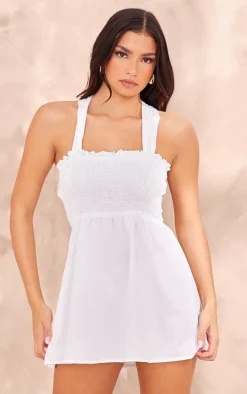 White Shirred Cross Back Shift Dress