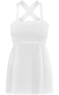 White Shirred Cross Back Shift Dress