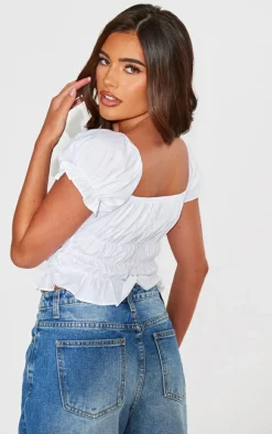 White Shirred Ruched Crop Top