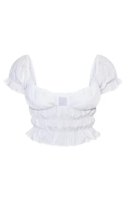 White Shirred Ruched Crop Top