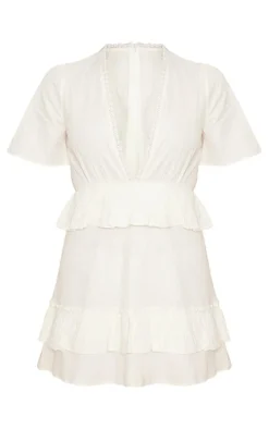 White Short Sleeve Tiered Skirt Shift Dress