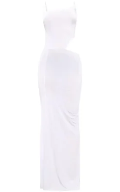 White Slinky Cowl Side Cut Out Detail Strappy Maxi Dress