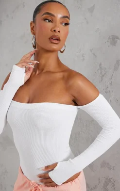 White Snatched Rib Bardot Thumbhole Bodysuit