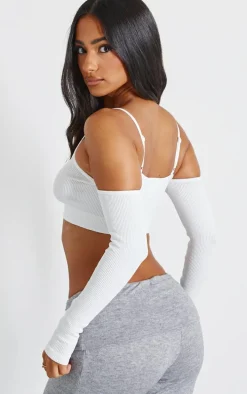 White Snatched Rib Cold Shoulder Crop Top