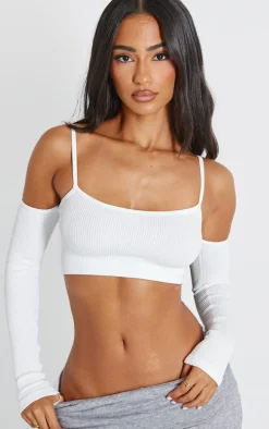 White Snatched Rib Cold Shoulder Crop Top