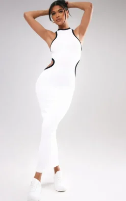 White Snatched Rib Contrast Binding Cut Out Midaxi Dress