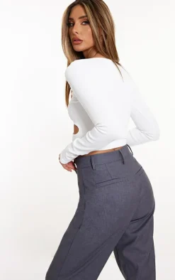 White Snatched Rib Cut Out Long Sleeve Crop Top