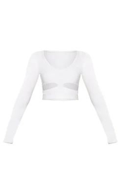 White Snatched Rib Cut Out Long Sleeve Crop Top