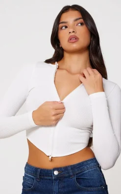 White Snatched Rib Double Zip Top