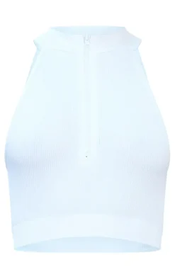 White Snatched Rib High Neck Zip Crop Top