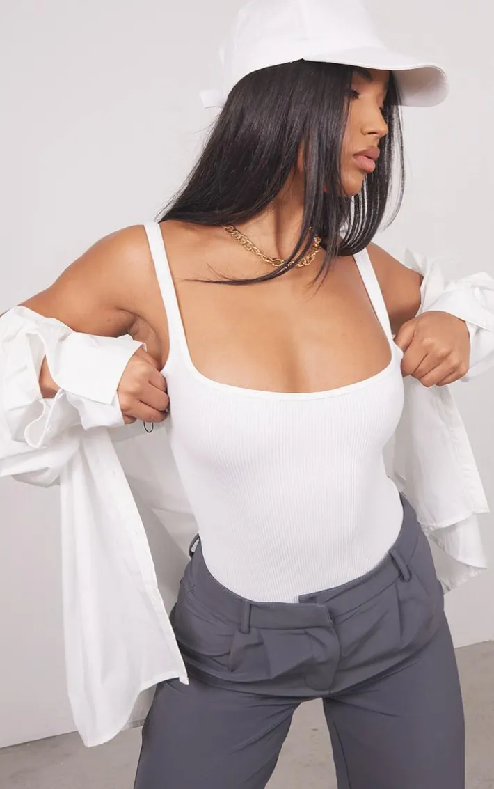 White Snatched Rib Square Neck Sleeveless Bodysuit