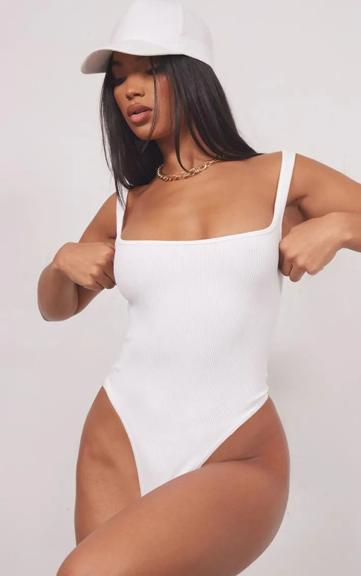 White Snatched Rib Square Neck Sleeveless Bodysuit