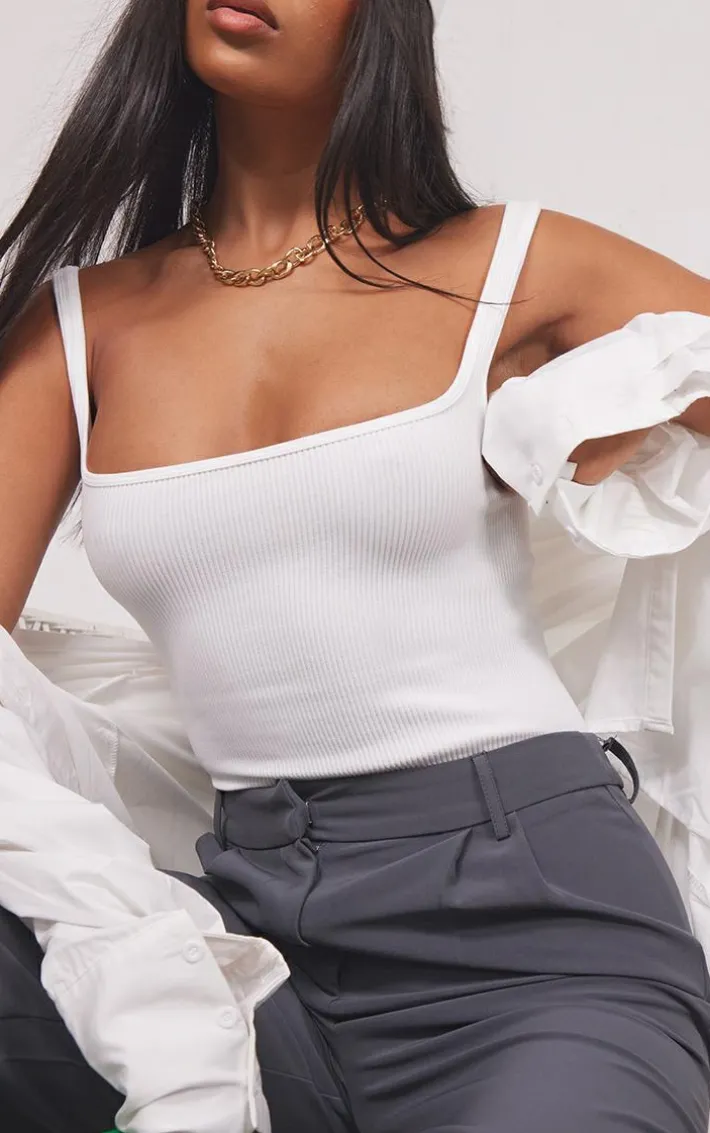 White Snatched Rib Square Neck Sleeveless Bodysuit